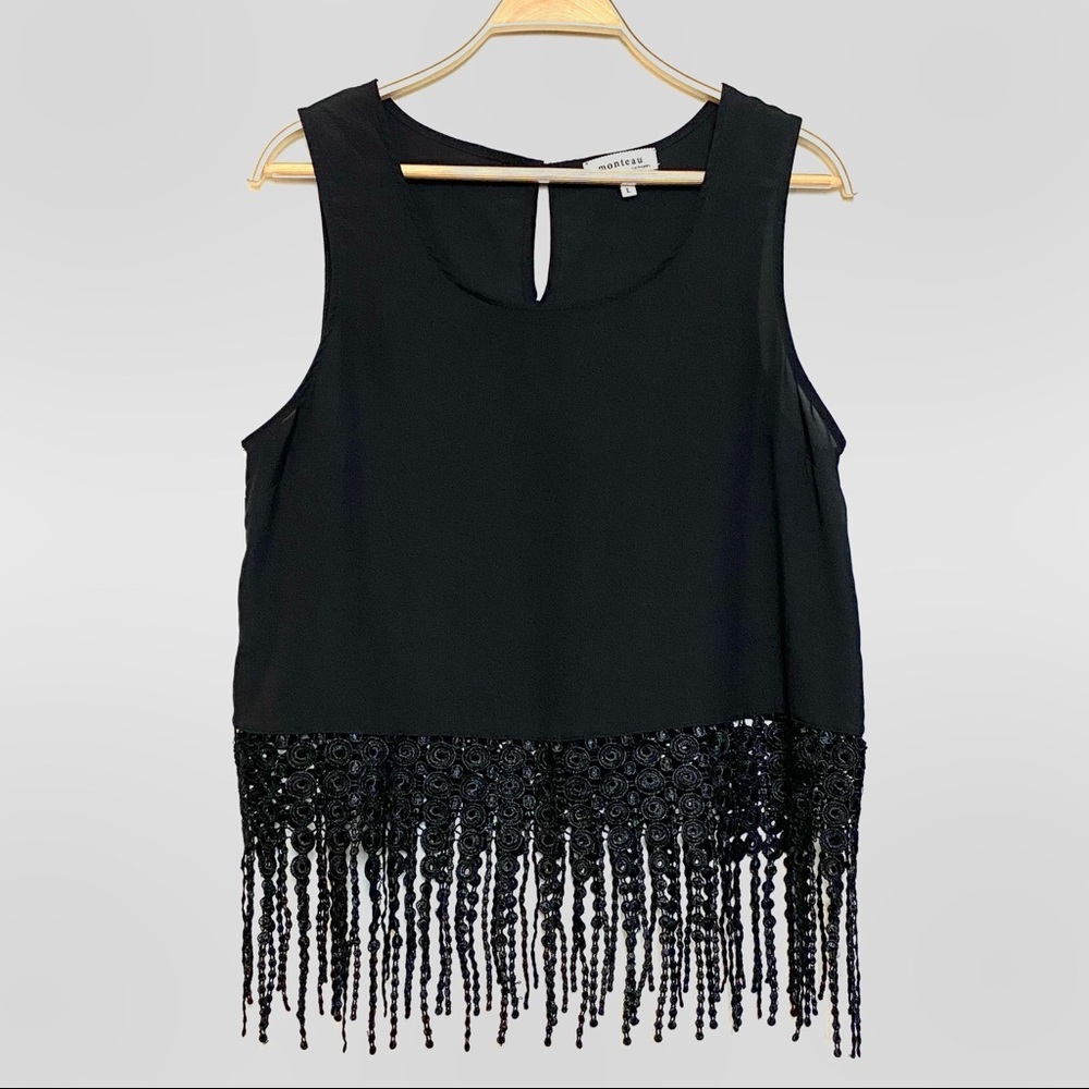 Monteau Black Fringe Boho Tank Top Size Large